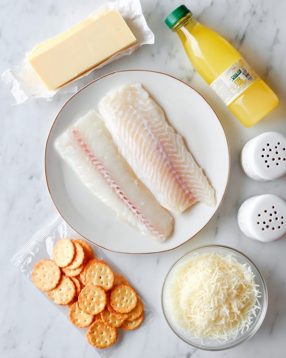 A white plate with a thin brown rim holds two pieces of raw white fish fillets, one slightly smaller and with faint pink stripes. Around the plate on a white marbled surface, there is a stick of butter wrapped in paper, a small yellow bottle of lemon juice with a green cap, a clear glass bowl filled with grated white cheese, a clear plastic pack of round orange crackers, and two white ceramic shakers with holes on top. The photo taken with an iphone --ar 4:5 --v 7