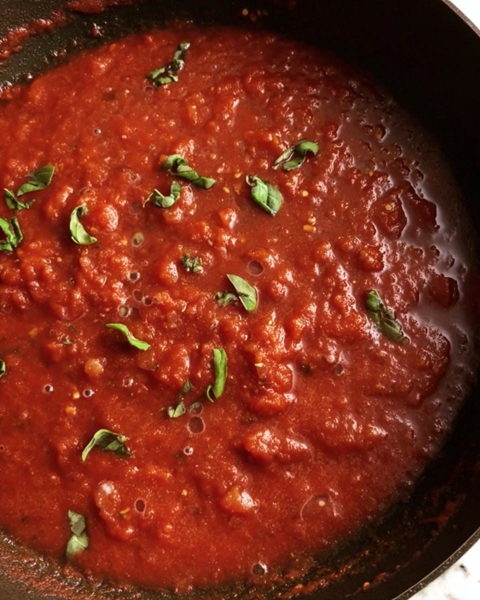 A close-up top view of a dark pan filled with thick, rich red tomato sauce mixed with small chunks of tomato and some small green basil leaves scattered across the surface. The sauce has a slightly shiny texture with a few bubbles showing steam, and the pan edges are stained with sauce. The background is a white marbled texture photo taken with an iphone --ar 4:5 --v 7