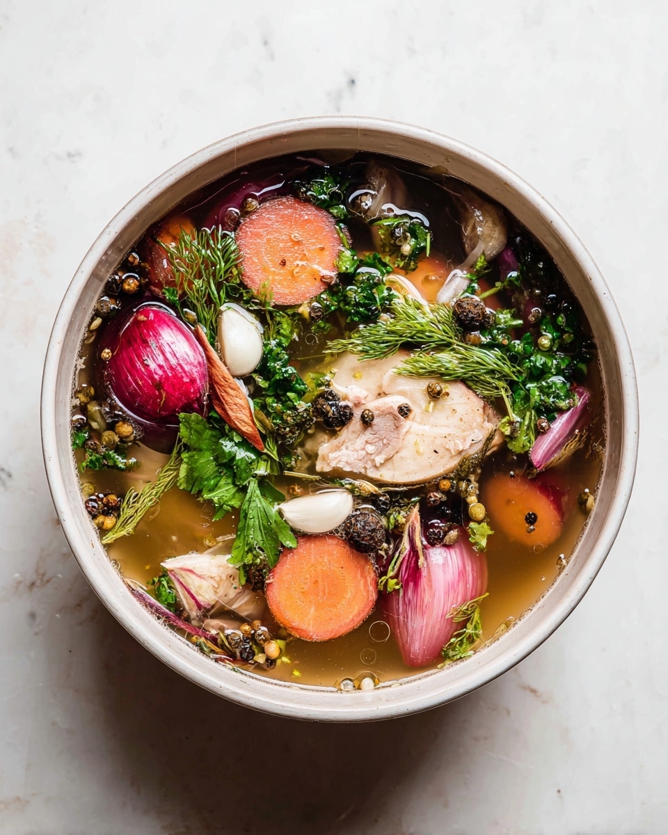A white bowl filled with a clear broth holding many colorful ingredients seen from above. The bowl contains layers of orange and purple onion skins scattered around, with sprigs of fresh green parsley placed evenly throughout. Garlic cloves with white papery skins float near the edges, alongside small green pieces and peppercorns spread across the surface. The middle layer shows slices of light beige meat or root with peppercorns on top. The bowl sits on a white marbled surface, and water droplets cling to the bowl’s rim. photo taken with an iphone --ar 4:5 --v 7