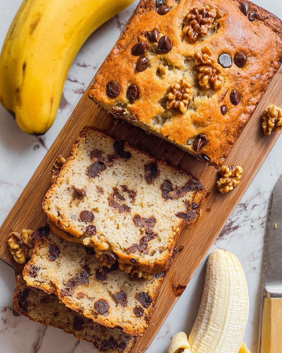 The image shows a sliced banana bread loaf on a wooden board, with a golden brown crust studded with chocolate chips and walnut pieces on top. Inside, the bread is light beige with scattered dark chocolate chunks and walnut bits. Two whole yellow bananas with brown spots are on the left, and a peeled banana with a white inside is on the right. A knife with a white handle lies partly under the bread. The surface beneath has a white marbled texture. Photo taken with an iphone --ar 4:5 --v 7