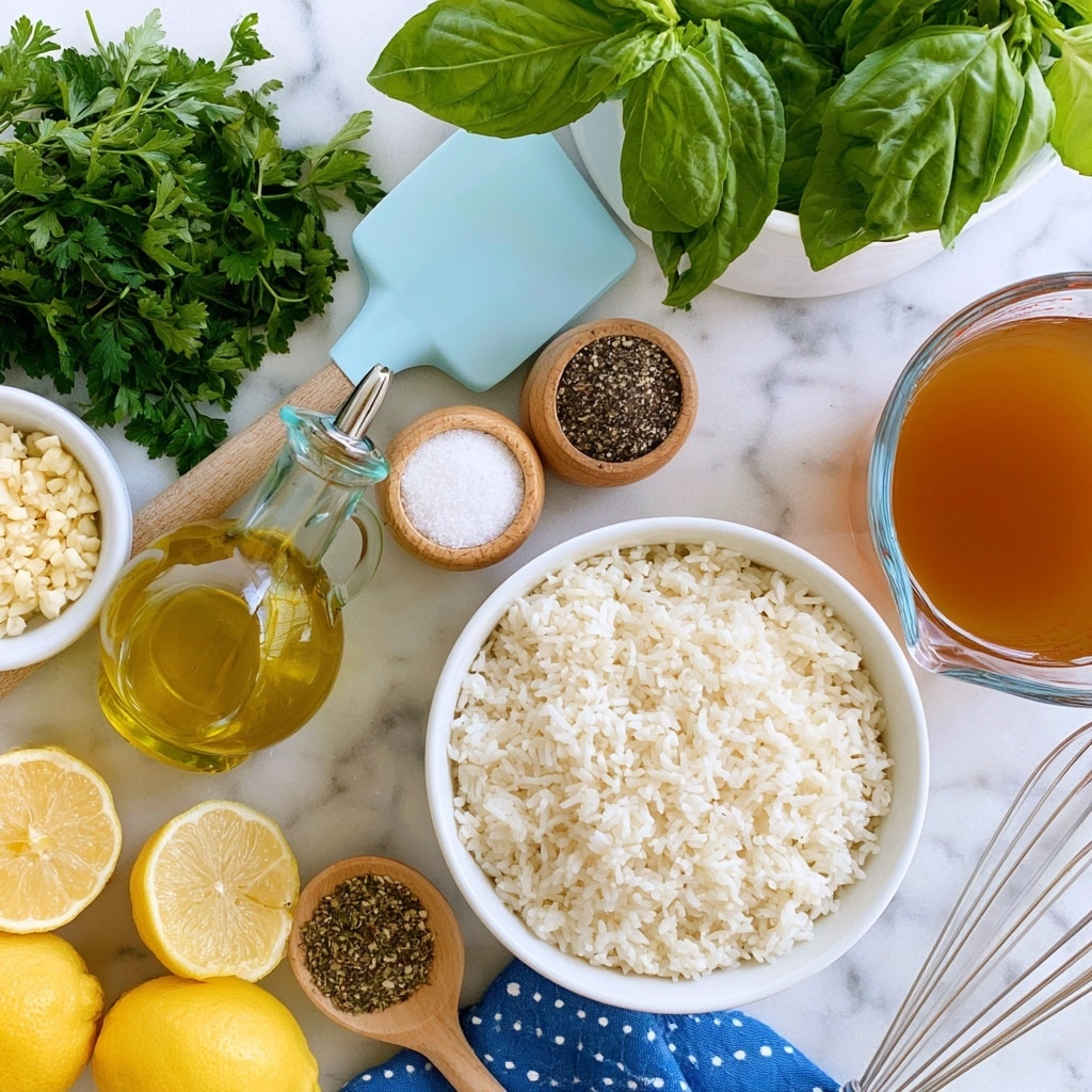 The image shows a top view of various cooking ingredients arranged neatly on a wooden surface changed to white marble texture. In the center, there is a white bowl filled with white rice. To the right, a clear glass measuring cup holds amber vegetable broth. Above the rice, there are two wooden shakers for kosher salt and black pepper. Next to them, a glass bottle of golden olive oil with a spout sits beside a light blue spatula with a wooden handle. Above the spatula, fresh green basil leaves are visible in a white container. To the top left, fresh Italian parsley and chopped garlic in a small white bowl are shown. At the bottom, half and whole yellow lemons sit beside a wooden spoon filled with Italian seasoning. A blue cloth with white dots and a whisk is partially visible at the bottom edge. photo taken with an iphone --ar 4:5 --v 7