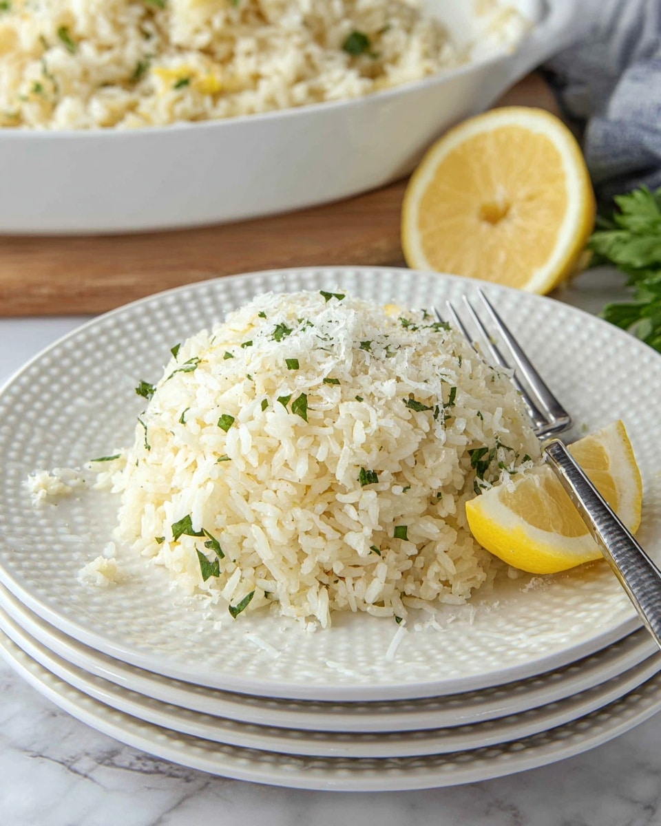 The image shows a single layer of cooked white rice with light green chopped herbs mixed in, shaped into a rounded mound on a white plate with a raised dot pattern around the edge. On top of the rice, there is a light sprinkle of grated white cheese, and a small wedge of lemon with bright yellow skin is placed on the right side next to the rice. A silver fork lies diagonally across the plate behind the rice. The plate is stacked on top of other similar white plates, all set on a white marbled surface. In the background, a white serving dish filled with more of the rice is visible with a lemon wedge on top. Photo taken with an iphone --ar 4:5 --v 7