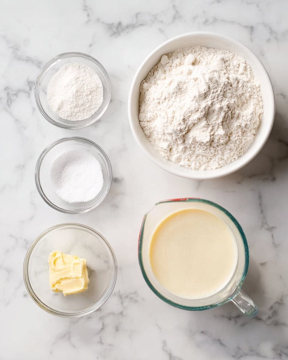 The image shows six bowls of ingredients placed on a white marbled surface. On the top right, there is a large white bowl filled with white flour, with a slightly uneven surface. Below it and slightly to the right, there is a small clear bowl containing melted butter with a smooth, shiny texture. In the center bottom, there is a clear measuring cup filled with a creamy liquid that has a smooth surface. To the left of this measuring cup, three small clear bowls are arranged in a triangle; the top bowl contains a white powder (likely baking powder), the bottom left bowl holds granulated white sugar, and the top middle bowl contains salt. The bowls are evenly spaced and the scene is well-lit, showing clear details of each ingredient. Photo taken with an iphone --ar 4:5 --v 7