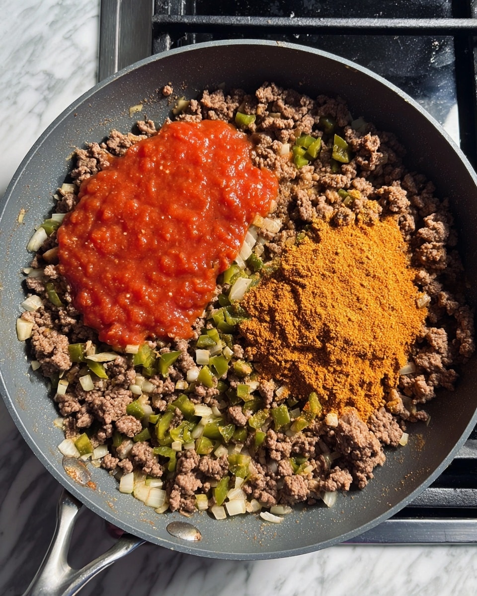 A gray frying pan on a stovetop with cooked ground meat mixed with small green pepper pieces and chopped white onions covering most of the pan’s bottom. On the left side, there is a bright red chunky tomato sauce layer and on the right side, a thick layer of orange-brown powdered seasoning is placed on top of the meat. The stovetop shows part of a white marbled countertop around it. photo taken with an iphone --ar 4:5 --v 7
