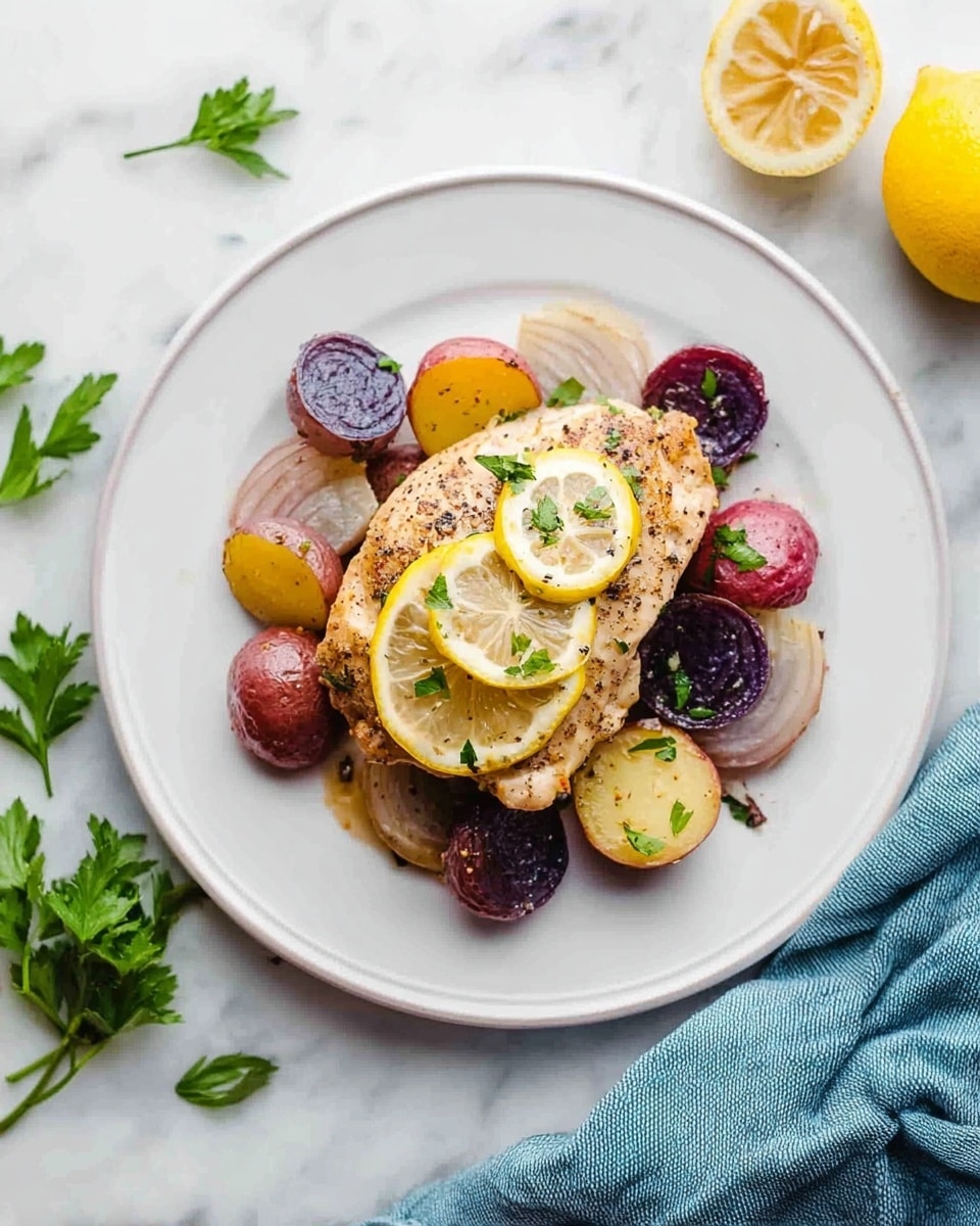 A white plate sits on a white marbled surface, holding a cooked piece of chicken with a light golden-brown color and a sprinkling of black pepper. The chicken is topped with two thin lemon slices garnished with small pieces of green parsley. Underneath and around the chicken, there are several small round pieces of potatoes in purple, red, and yellow colors, mixed with translucent white onion slices. To the top right of the plate, there is a half lemon, and to the bottom left, some fresh green parsley leaves lie on the surface. A light blue cloth is positioned near the bottom right corner of the frame. photo taken with an iphone --ar 4:5 --v 7