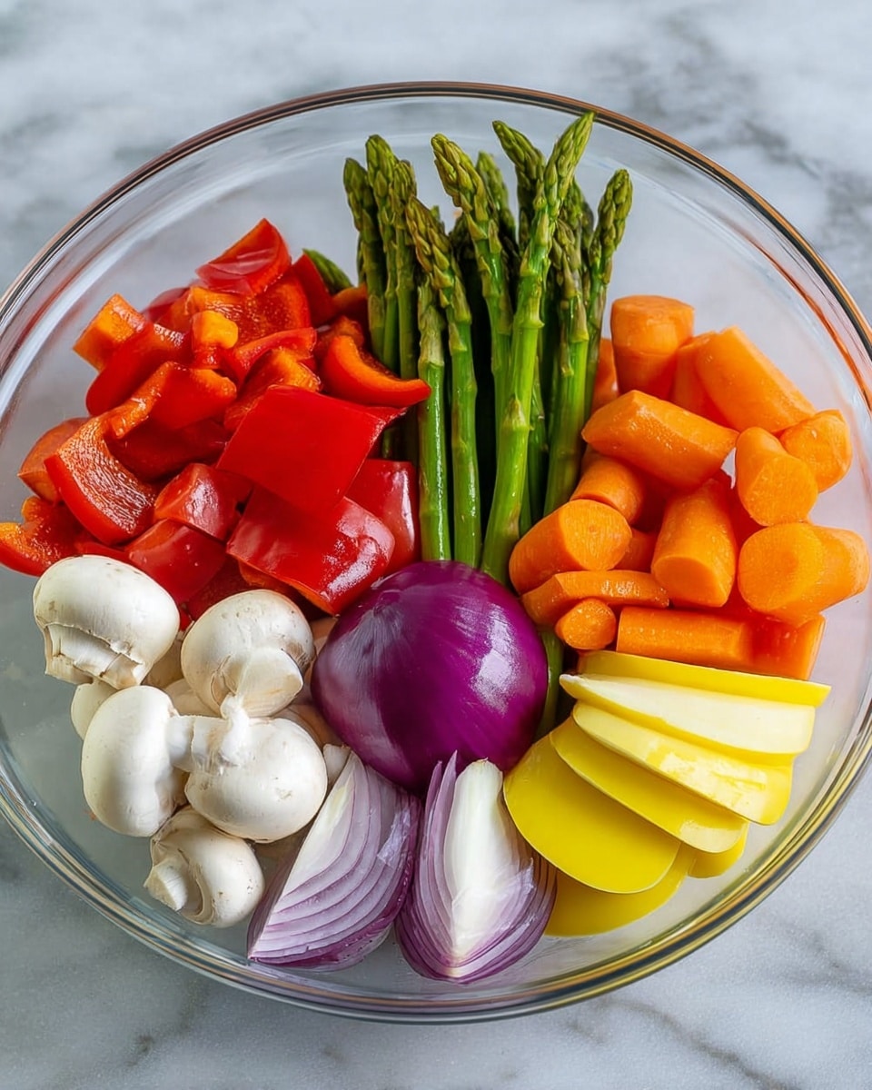 A clear glass bowl filled with six groups of fresh vegetables, each arranged in sections around the bowl. One section has bright red bell pepper pieces with a shiny, smooth texture. Next to it, fresh green asparagus spears stand upright with a slightly rough texture. Beside the asparagus are thick wedges of purple onion showing white and purple rings. On the other side, small whole orange carrots with green tops are bundled together. Near the carrots are thick slices of yellow squash, smooth and round. Lastly, white button mushrooms with soft, matte caps complete the bowl. The bowl sits on a white marbled surface. Photo taken with an iphone --ar 4:5 --v 7