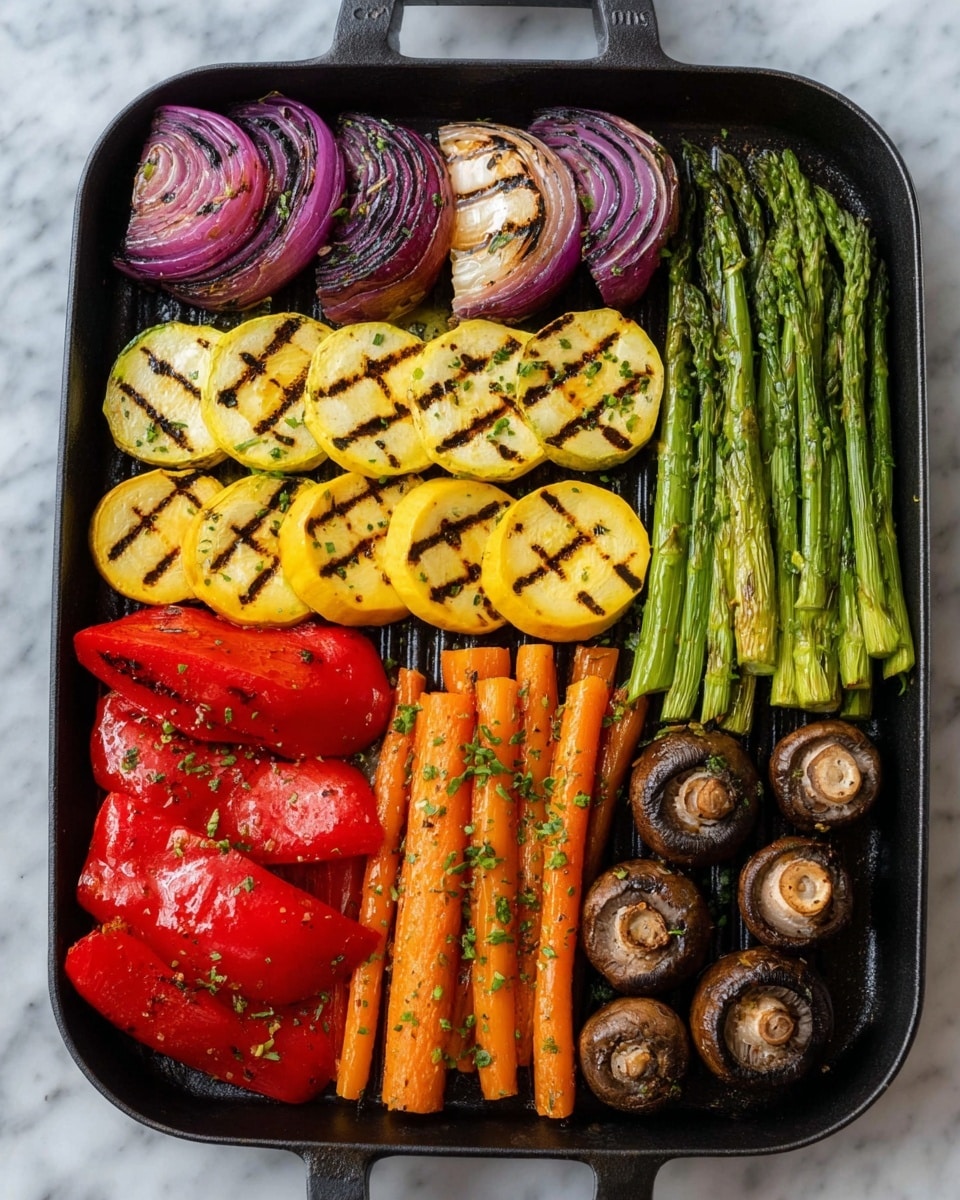 This image shows a black grill pan filled with six kinds of grilled vegetables arranged in neat layers. At the top left, there are four pieces of grilled red onion with visible char marks and purple and white layers. Below the onions, there are seven slices of yellow squash, each with round grill marks. Under the squash, there are bright red bell pepper chunks with dark grill spots. On the right side of the pan, there is a row of green asparagus spears with light grill marks at the top. Below the asparagus, there are five orange carrots, slightly charred with green herbs sprinkled on them. At the bottom right, six small brown mushrooms are lined up with grill marks on their tops. The pan rests on a white marbled surface. photo taken with an iphone --ar 4:5 --v 7