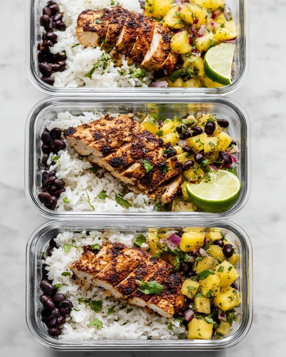 Three clear glass meal prep containers are shown stacked vertically on a white marbled surface, each filled with three layers. The bottom layer is white cooked rice scattered with black beans. The middle layer on the right side has a colorful mix of diced yellow pineapple, black beans, green herbs, and small pieces of red onion. The top layer features a grilled, brown, seasoned sliced chicken piece placed slightly angled over the rice. Each container also has a small green cilantro leaf and a lime wedge on the side, adding fresh green accents. The photo taken with an iphone --ar 4:5 --v 7