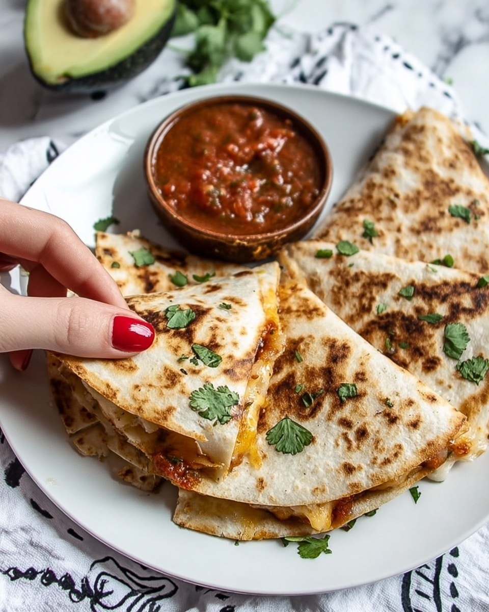 The image shows a white plate on a white marbled surface, holding several folded quesadillas with golden-brown grill marks and some green cilantro leaves on top. The quesadillas have three visible layers: a crispy, browned outer tortilla, a melted light yellow cheese layer inside, and scattered green herbs within the filling. A small brown bowl filled with chunky red salsa is on the plate, with some salsa slightly touching the quesadillas. A woman’s hand with red polished nails is picking up one quesadilla from the plate. There is half an avocado visible in the top left corner and a white cloth with black patterns beneath it. photo taken with an iphone --ar 4:5 --v 7