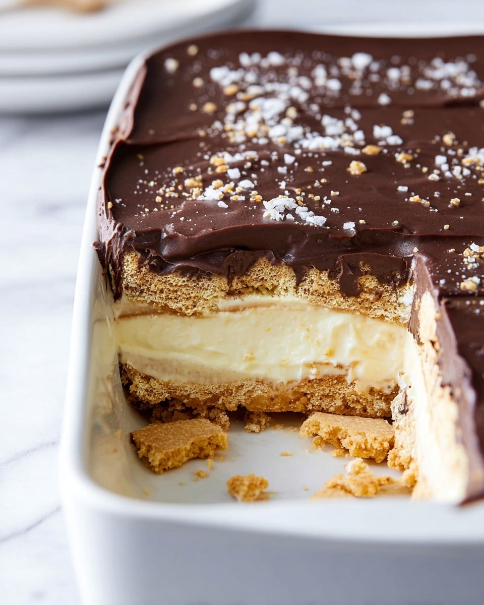 The image shows a layered dessert in a white rectangular dish on a white marbled surface. The dessert has three visible layers: a bottom layer of light brown crispy biscuit or cracker pieces, a thick middle layer of smooth, creamy off-white filling, and a top layer of dark chocolate ganache sprinkled with coarse sea salt. A section of the dessert is missing, revealing the creamy texture and biscuit pieces inside, with some crumbs scattered in the dish. photo taken with an iphone --ar 4:5 --v 7