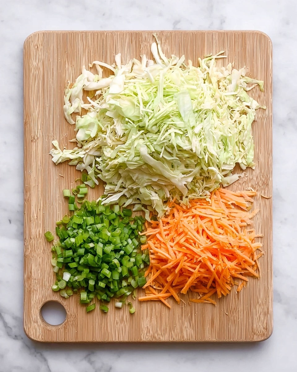 The image shows a wooden cutting board placed on a white marbled surface, with three piles of freshly chopped vegetables arranged side by side. On the left is a mound of finely chopped green onions, bright green in color. In the center, there is a large pile of shredded cabbage with pale green and white hues, showing a crisp texture. On the right is a smaller heap of thinly sliced orange carrots, adding a vibrant contrast to the board. The vegetables are neatly arranged with clear separation between each type, and the cutting board has a round cut-out on the bottom right corner. photo taken with an iphone --ar 4:5 --v 7