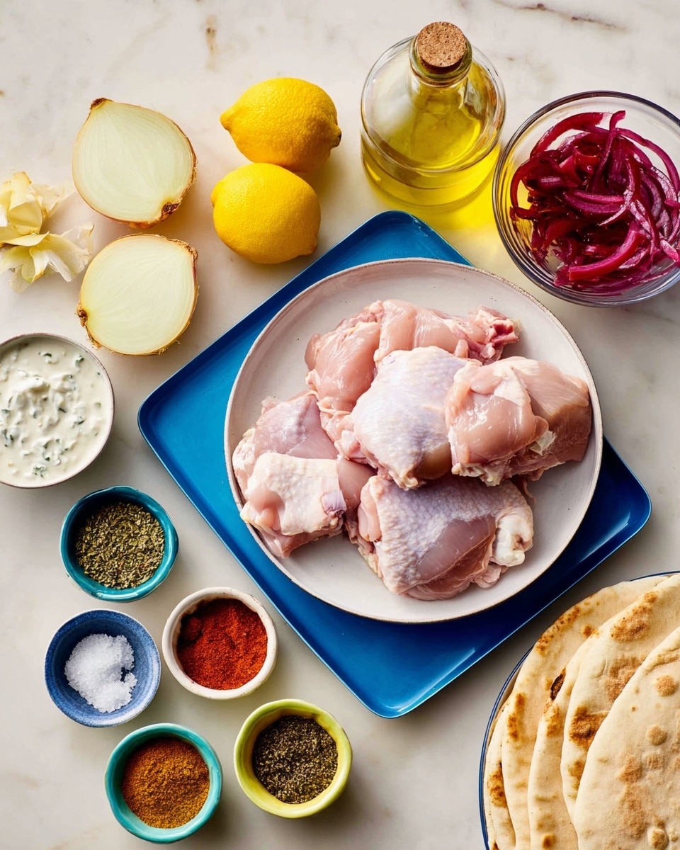 The image shows a white bowl full of raw pink chicken thighs placed slightly to the right on a blue tray. To the left of the bowl, there are two yellow onions, one cut in half showing white layers inside, along with three garlic cloves beside them. Surrounding the tray, there are several small white, green, and blue bowls filled with colorful spices such as red, black, and salt, and a glass bowl with sliced red pickled onions. Behind the tray, there are two yellow lemons, a glass bottle of olive oil, two pieces of round flatbread, and a small white bowl filled with white yogurt sauce with herbs. All items sit on a white marbled surface. Photo taken with an iphone --ar 4:5 --v 7