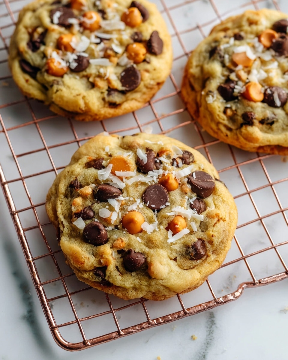 Three cookies sit on a rose gold wire cooling rack placed on a white marbled surface. Each cookie is thick and golden brown with a soft texture, covered with scattered dark brown chocolate chips, bright orange butterscotch chips, and a light sprinkling of shredded white coconut on top. The cookies are round with slightly uneven edges, showing a homemade look. The cooling rack lines create a grid pattern under the cookies. photo taken with an iphone --ar 4:5 --v 7