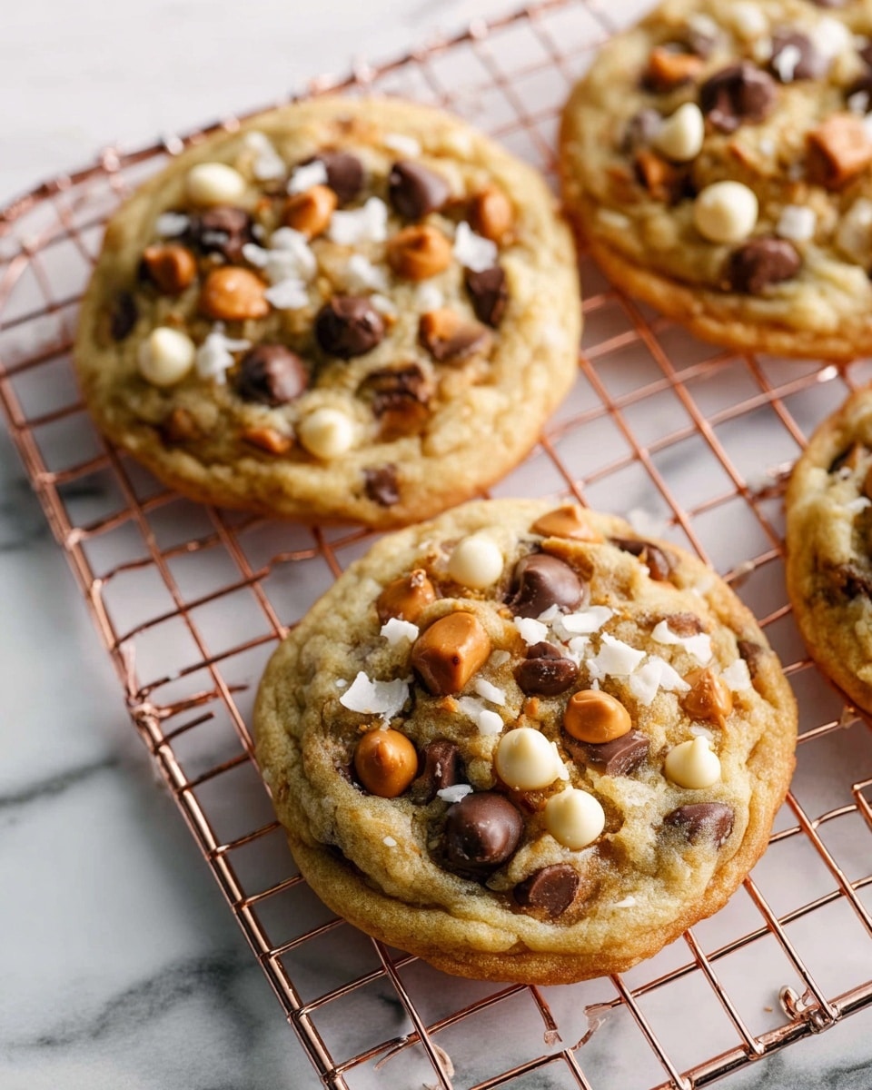 Three round cookies sit on a rose gold wire cooling rack over a white marbled surface. Each cookie has a soft golden-brown base filled with scattered dark brown chocolate chips and light brown butterscotch chips. There are small white coconut flakes sprinkled on top, adding a bit of texture. The cookies appear thick with uneven edges and the chips slightly melted into the dough photo taken with an iphone --ar 4:5 --v 7