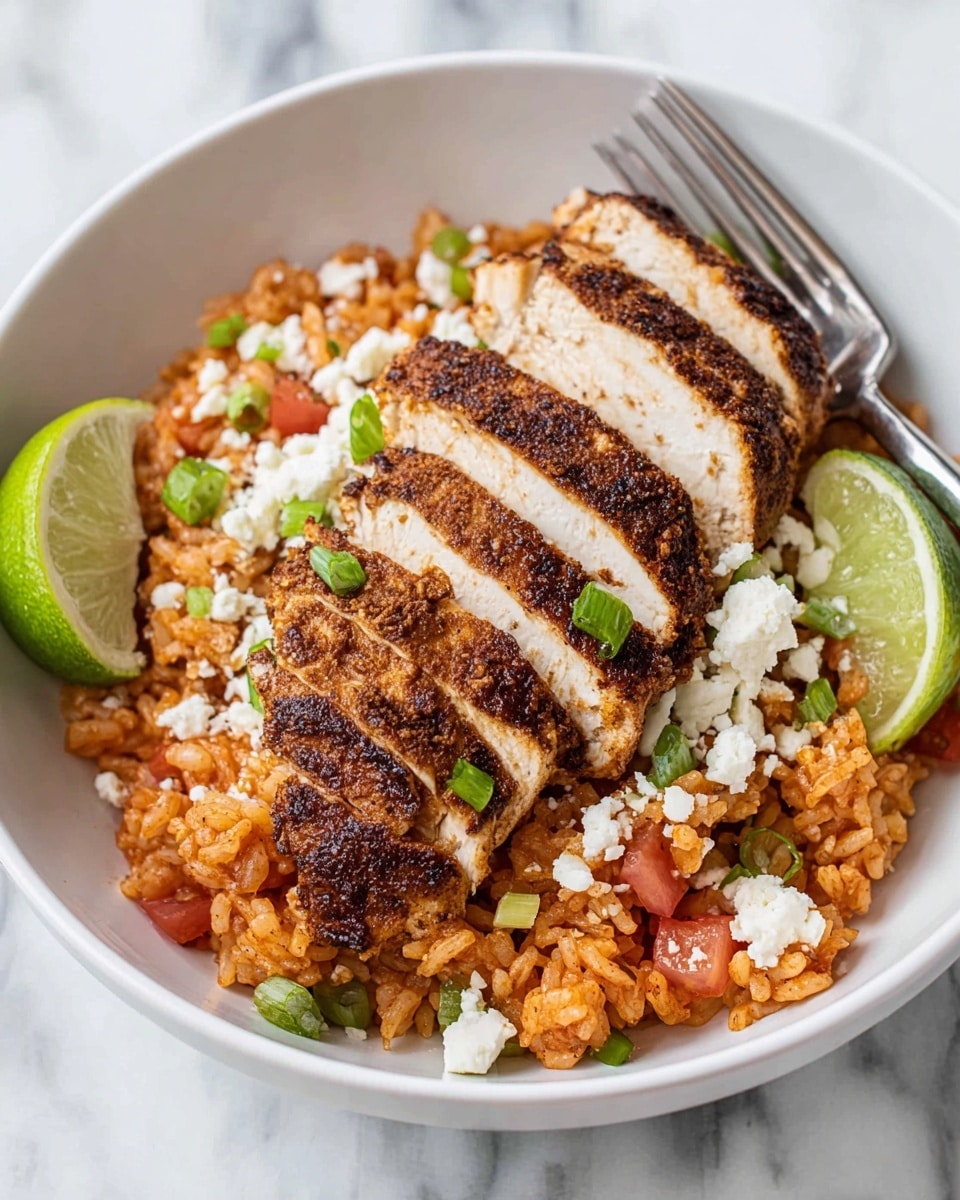 A white bowl sits on a white marbled surface. Inside, there is a base layer of orange-red cooked rice mixed with diced tomatoes and small green onion pieces. On top of the rice, four thick slices of white chicken with a dark brown, spiced crust are neatly arranged in a row, slightly overlapping. Crumbled white cheese is scattered lightly over both the chicken and rice. Two lime wedges are placed near the edges of the bowl, one behind the chicken slices and one at the front. A silver fork rests on the right side of the bowl. photo taken with an iphone --ar 4:5 --v 7