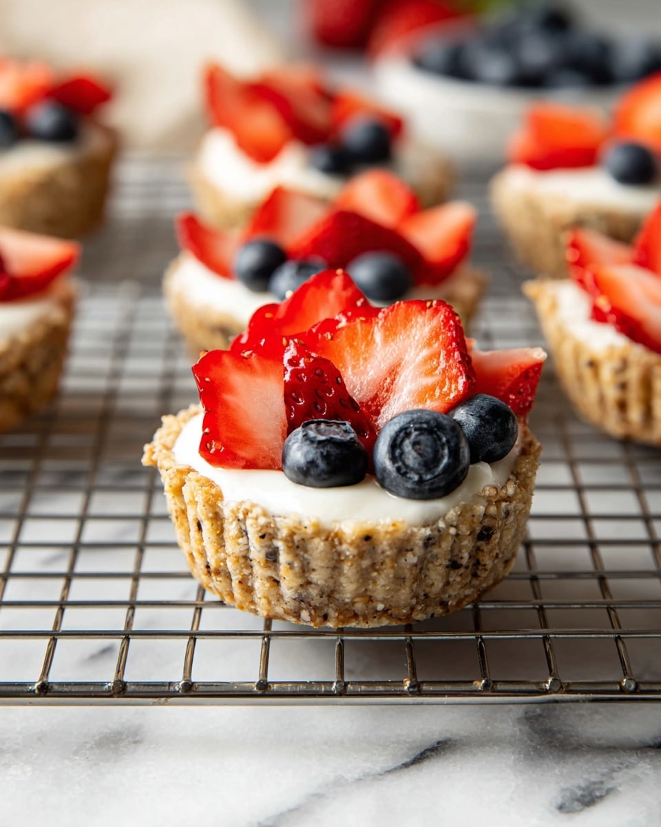 The image shows several small tart cups with three clear layers. The bottom layer is a light brown speckled crust, which holds soft white cream filling in the middle layer. The top layer is decorated with fresh fruit: bright red sliced strawberries and whole dark blue blueberries, arranged neatly on the cream. The tarts sit on a metal wire rack over a white marbled surface, with the focus on a tart in the front. The background has a soft blur but shows more tarts with the same style. Photo taken with an iphone --ar 4:5 --v 7