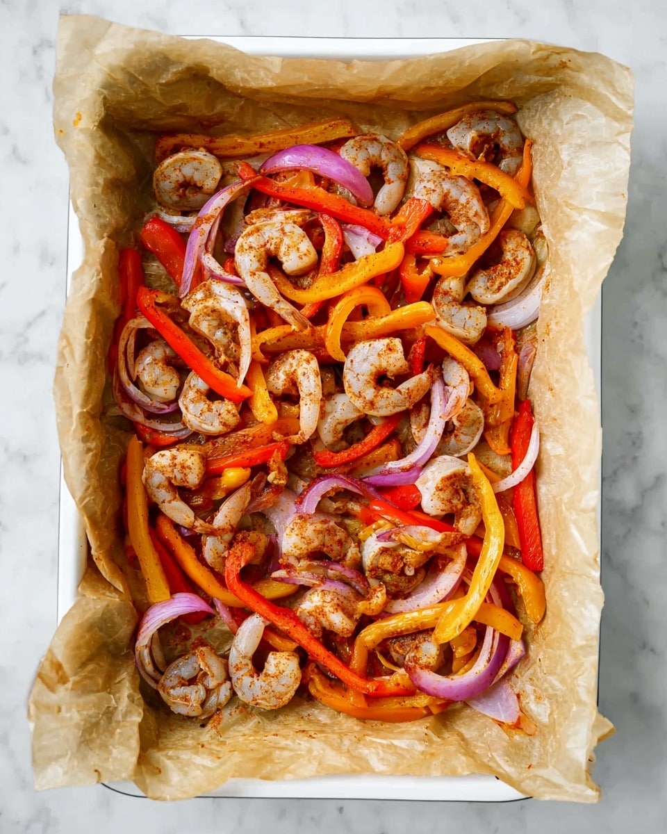 A white rectangular baking dish lined with beige parchment paper holds a mix of raw shrimp and sliced vegetables. The shrimp are grayish with a slightly translucent texture. The vegetables consist of long, thin strips of red and yellow bell peppers, and thin slices of purple onions, all coated with a reddish-brown seasoning. The ingredients are spread evenly within the dish, resting on a surface with a white marbled texture. photo taken with an iphone --ar 4:5 --v 7