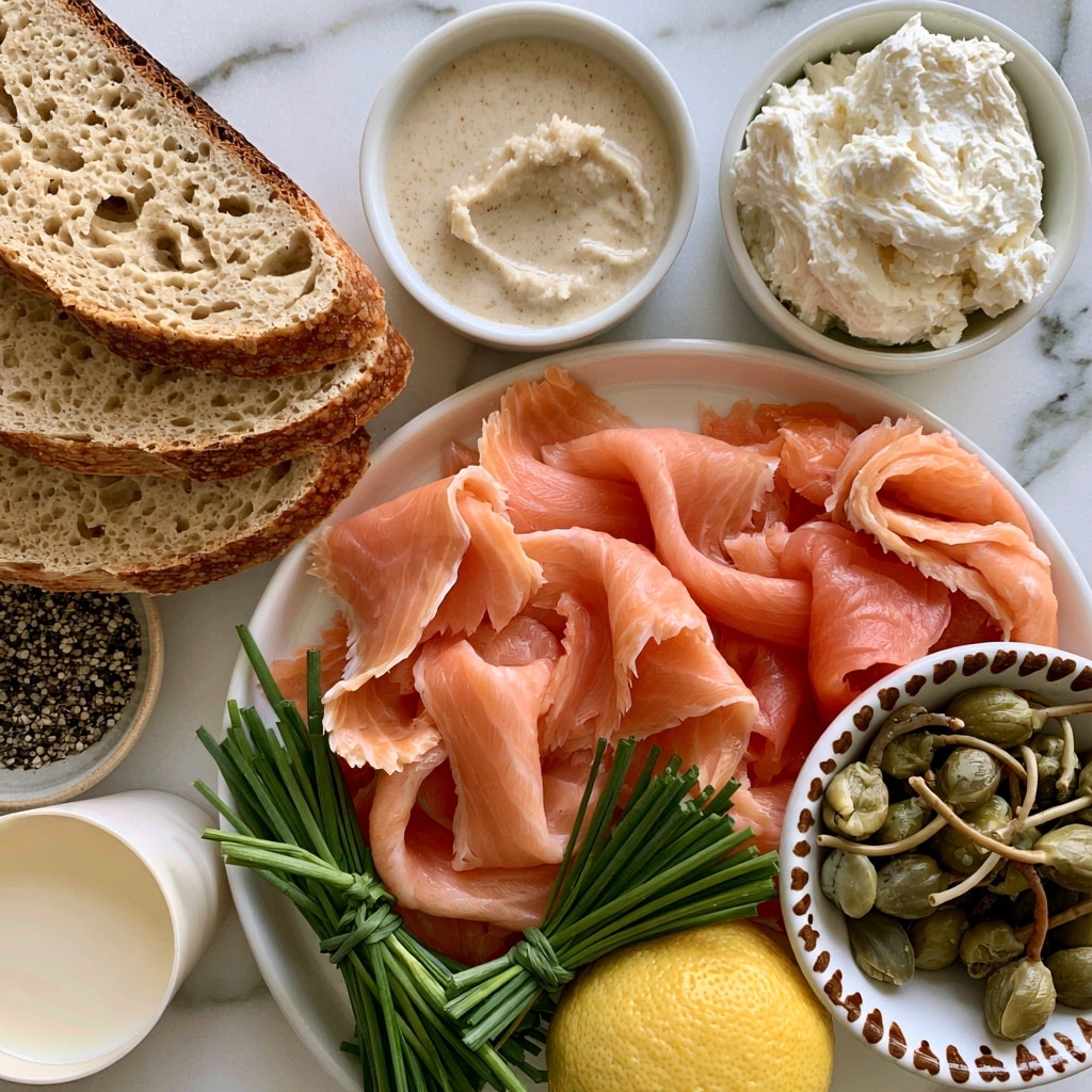 The image shows ingredients for smoked salmon crostini arranged on a white marbled surface. On the left, there are three slices of crusty bread with a golden-brown crust and a soft, porous beige inside, stacked slightly overlapping. Towards the center, a small white bowl holds a light beige horseradish sauce with a slightly creamy texture. To the right, another white bowl contains a fluffy, white cream cheese spread. Below, a large white plate is full of thin slices of smoked salmon in soft coral and pink shades with delicate folds. On the bottom right, a white bowl with brown decorative edges is filled with greenish capers with stems. Near the bottom center, a bright yellow lemon sits beside fresh, tied bunches of green chives. In the bottom left corner, a small white cup holds heavy cream, light and smooth in texture. A small bowl of coarsely ground black pepper is near the bread, completing the fresh, colorful ingredient layout. Photo taken with an iphone --ar 4:5 --v 7
