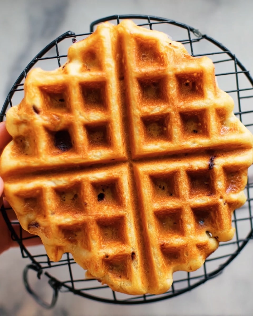 A single golden brown waffle with a grid pattern is shown from the top, featuring slightly raised edges and small dark spots scattered throughout, indicating bits of ingredients inside. The waffle has a light, crisp texture with a soft appearance in the pockets of the grid. It is placed on a black wire cooling rack over a white marbled surface, and a woman's hand holds the waffle gently by one edge from above. Photo taken with an iphone --ar 4:5 --v 7
