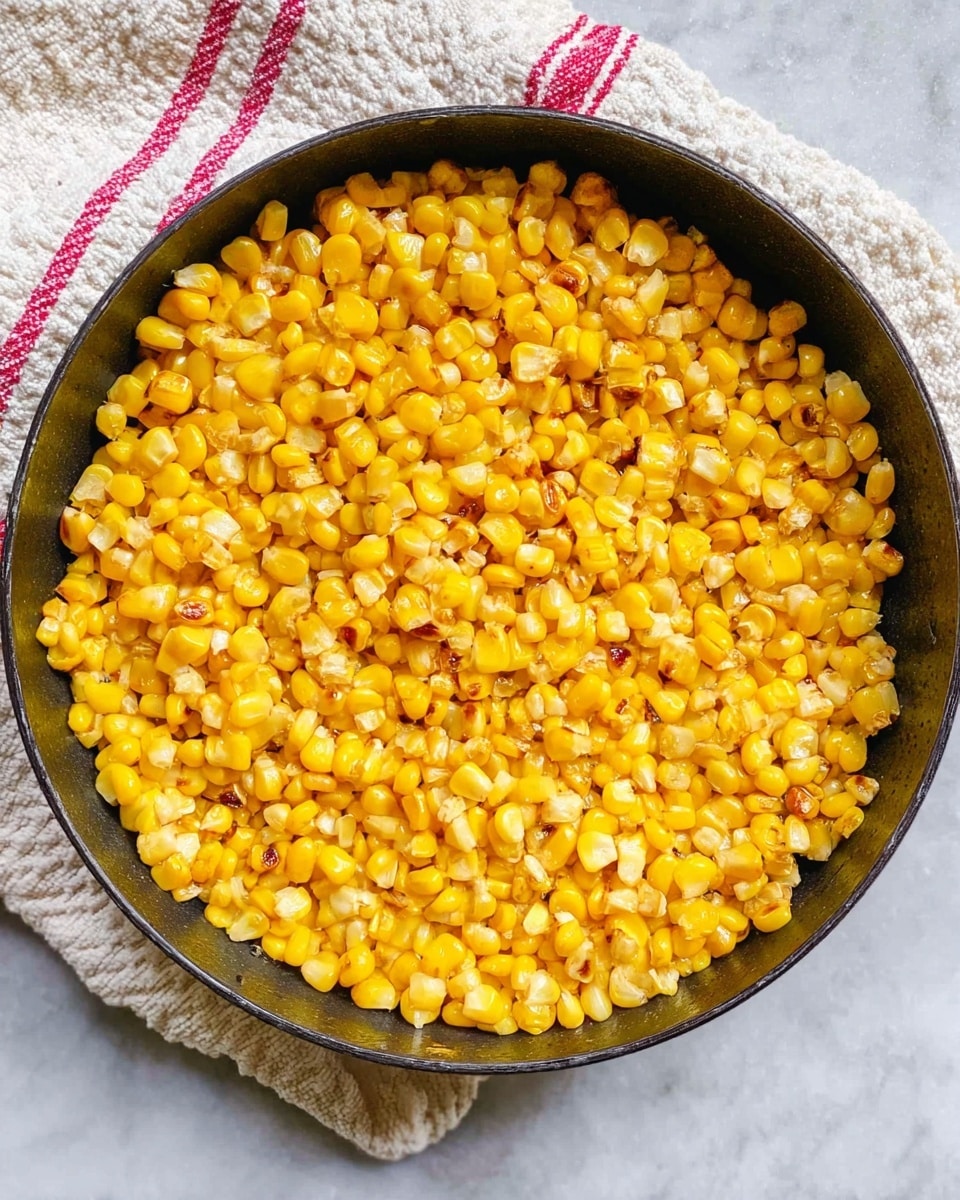 A round black pan filled with bright yellow corn kernels that are lightly browned in spots, showing a mix of smooth and slightly charred textures, covering the entire base evenly; the pan rests on a white marbled surface with a textured white cloth that has red stripes placed near the top edge of the image, adding a soft contrast, photo taken with an iphone --ar 4:5 --v 7