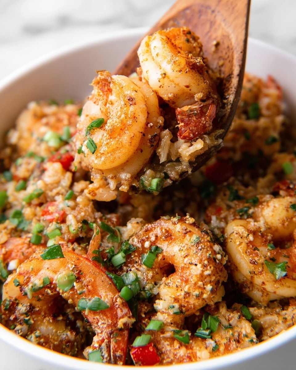 A close-up image showing a white bowl filled with a shrimp and rice dish layered with golden-brown cooked shrimp, some partly curled with a slight char, sitting atop a mix of creamy, brownish rice with visible small pieces of red peppers and white chunks. The dish is sprinkled with bright green chopped scallions and herbs, adding fresh color. A wooden spoon lifts a portion of the meal, holding one large shrimp with a textured surface and some seasoning visible. The background is a white marbled texture. Photo taken with an iphone --ar 4:5 --v 7
