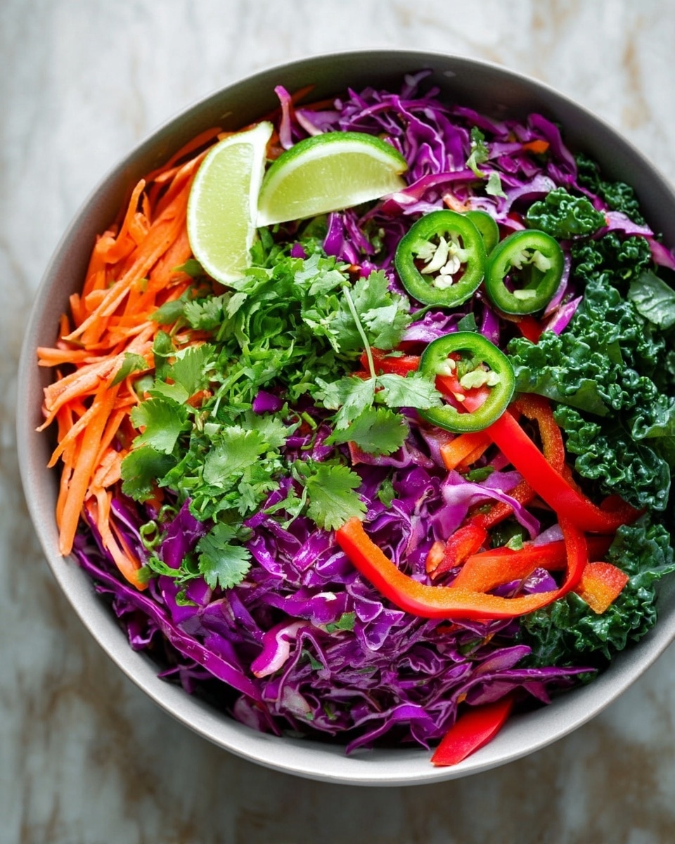A large white bowl is filled with a colorful salad made of three layers: the base layer is finely chopped bright purple cabbage, mixed with curly dark green kale leaves; the middle layer includes long thin orange carrot strips and slices of red bell pepper; the top layer features fresh green jalapeño slices, a wedge of light green lime, and fresh cilantro leaves scattered on top. The bowl sits on a white marbled surface, and the textures vary from crisp cabbage and kale to soft carrot and pepper. Photo taken with an iphone --ar 4:5 --v 7