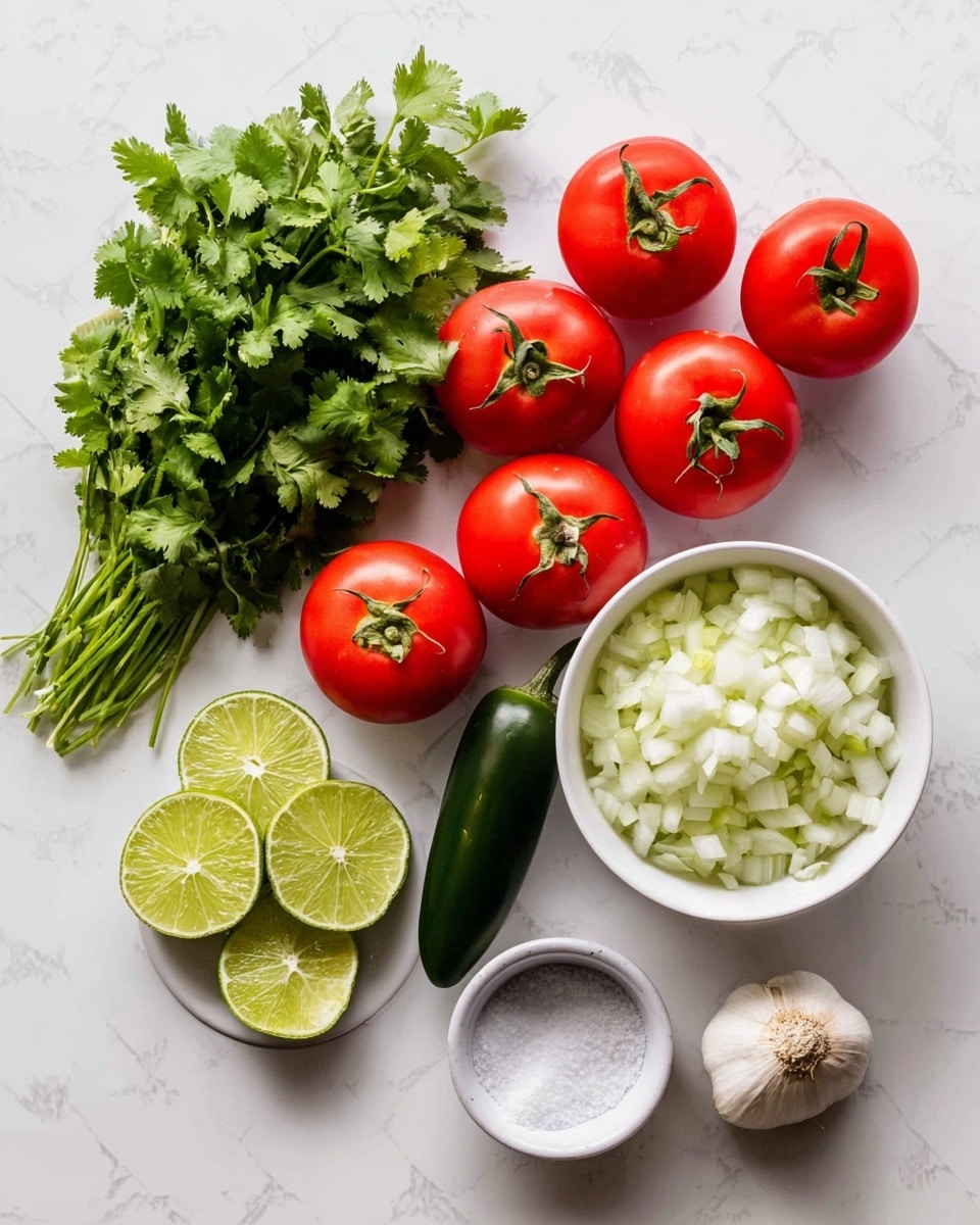 The image shows fresh ingredients on a white marbled surface arranged neatly: a bunch of bright green cilantro on the left, next to several red tomatoes attached to green stems in the middle; below them are five halves of bright green lime showing juicy, light-green interiors; above the tomatoes is a dark green jalapeño pepper; to the right, a white bowl filled with finely chopped white onions; near it, a small white bowl with white salt; and a small white bowl holding two garlic cloves with their skins still on. Photo taken with an iphone --ar 4:5 --v 7