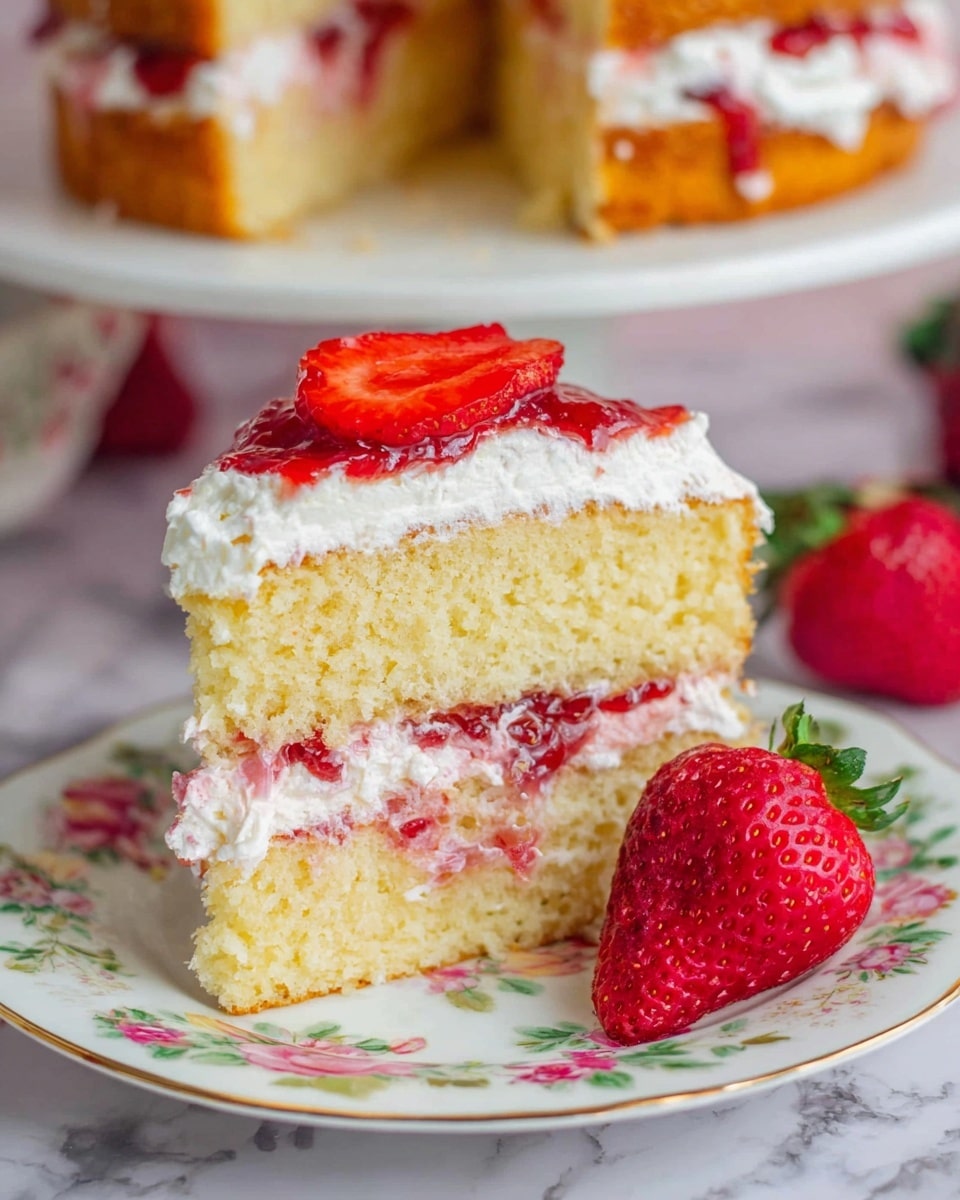 A slice of two-layer yellow sponge cake sits on a white plate with floral designs on a white marbled surface. The bottom layer has visible bits of strawberry inside the yellow cake, topped with a thick white cream layer mixed with red strawberry jam that spreads unevenly. On top of this is another yellow cake layer, then a thick fluffy white cream layer spread on top of that. The cake is finished with a red strawberry jam dollop and a sliced strawberry piece resting on the cream top. A whole bright red strawberry leans against the cake slice on the plate. In the blurred background, the rest of the cake with a whole strawberry on the side can be seen on a white cake stand. photo taken with an iphone --ar 4:5 --v 7