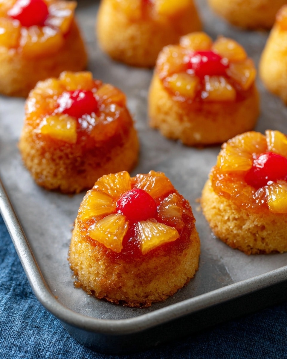 A dark metal muffin tray with six cups shows two steps of making pineapple upside-down mini cakes. In the top half, each cup has a layer of light brown crumbly sugar at the bottom with a bright red cherry placed in the center. On top of three of the cups, there is a layer of yellow crushed pineapple with a visible texture and a cherry partly buried in it. In the bottom half, each cup has a thick base of brown crumbly sugar, a bright red cherry in the center, and five pale yellow pineapple slices fan out like petals around the cherry. The tray sits on a white marbled surface photo taken with an iphone --ar 4:5 --v 7
