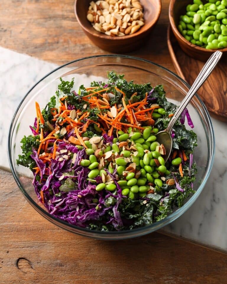 Kale and Purple Cabbage Salad with Edamame, Carrots, and Lemon Almond Dressing Recipe