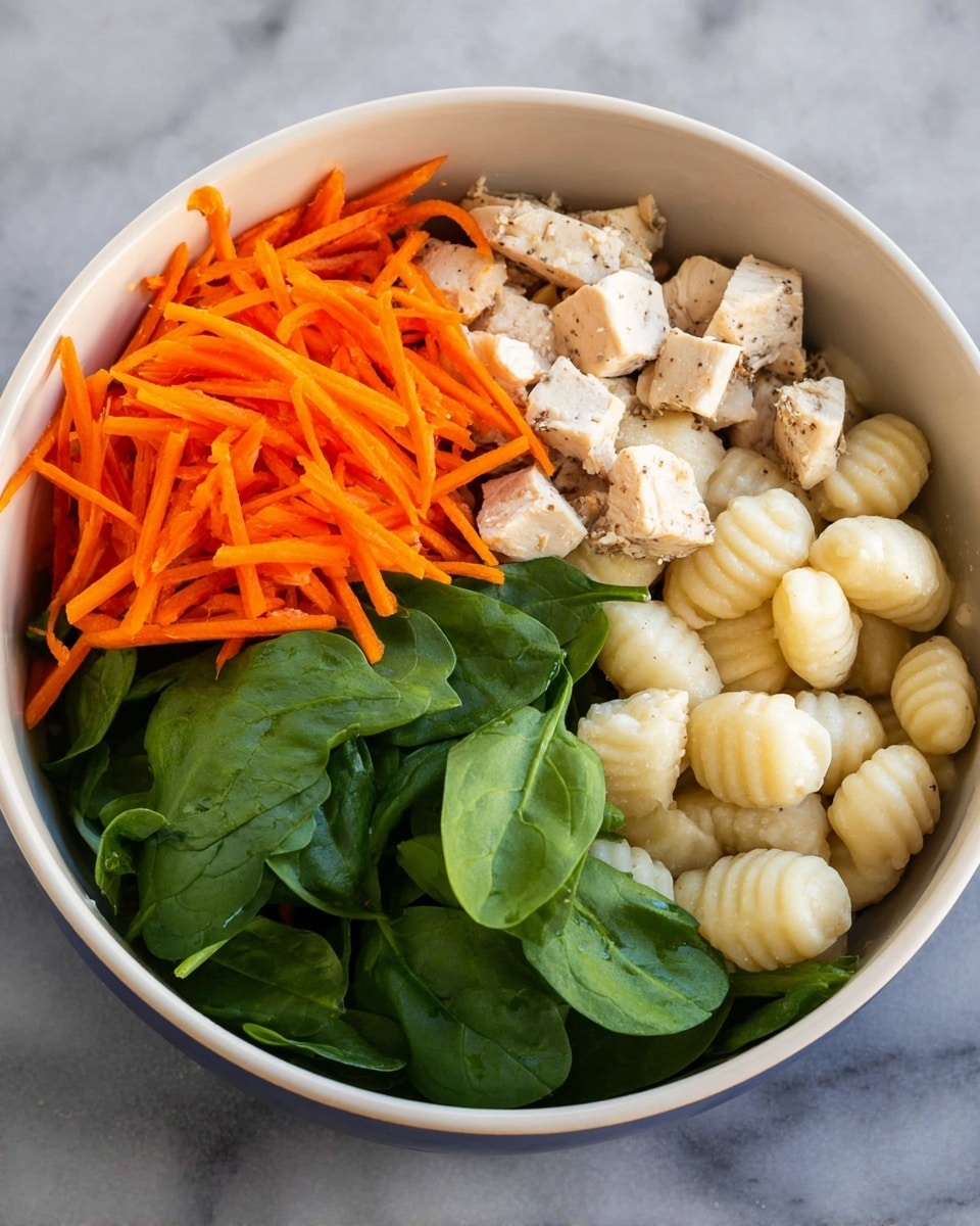 A white bowl holds four separate layers of food arranged side by side: bright orange shredded carrots on the top left, small cubed pieces of cooked chicken with a light brown outside just below the carrots, creamy pale-white gnocchi with ridged textures in the bottom center, and fresh, dark green spinach leaves with smooth, slightly shiny surfaces on the right. The bowl sits on a white marbled surface. photo taken with an iphone --ar 4:5 --v 7