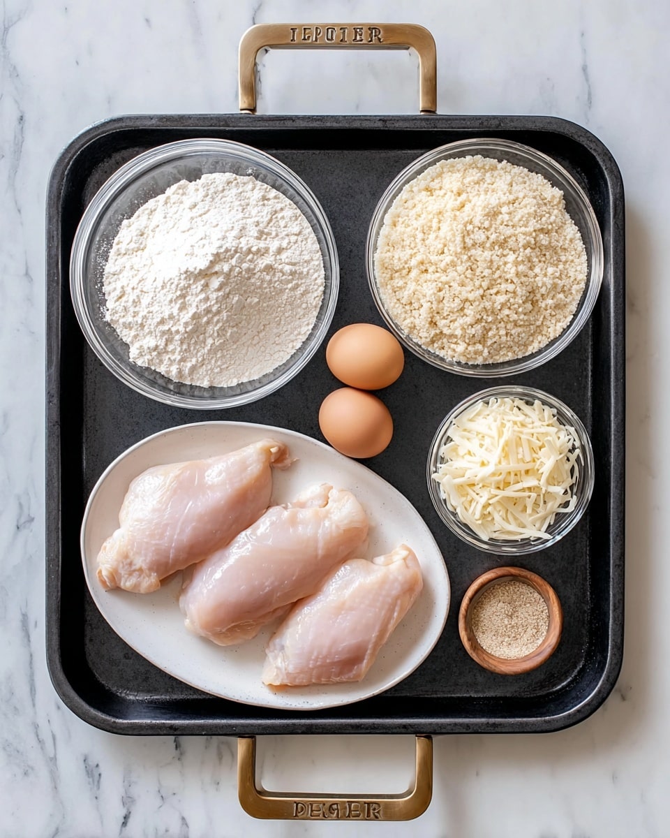 A black tray with gold handles holds several cooking ingredients on a white marbled surface. In the center bottom of the tray is a white oval plate with four raw pieces of pale pink chicken. At the top of the tray are three clear glass bowls side by side: the left bowl contains white flour, the middle bowl has beige breadcrumbs, and the right bowl holds shredded white cheese. On the right side near the center are two brown eggs, a small round wooden container with