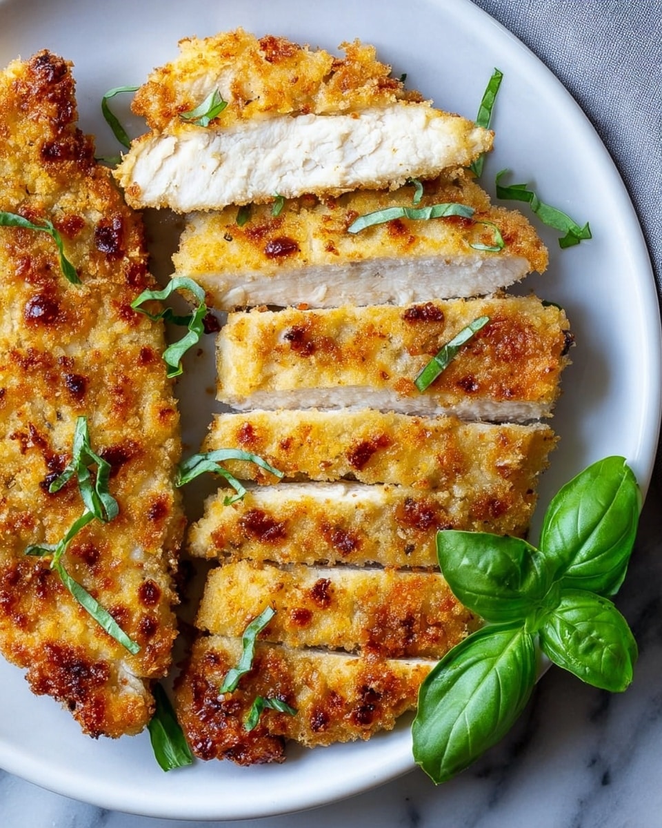 The image shows a white plate with golden brown breaded chicken slices arranged in two rows. The top layer is the crispy breaded coating, golden and slightly crunchy with a few small brown spots. Inside, the chicken looks white and tender with a smooth texture. Fresh green basil leaves are scattered around the chicken pieces, adding a touch of color contrast. The plate sits on a white marbled surface. Photo taken with an iphone --ar 4:5 --v 7