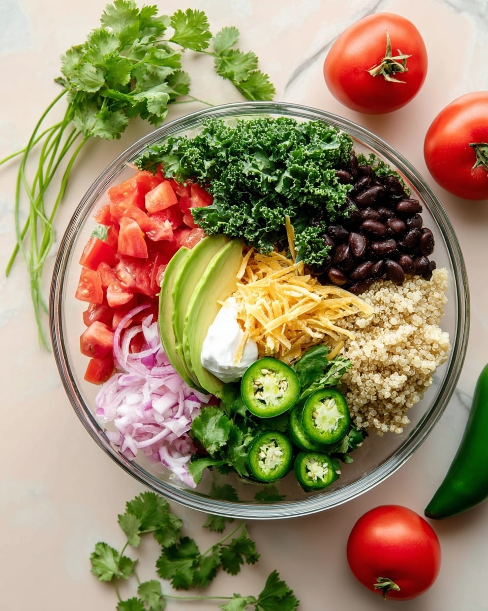 A clear glass bowl on a white marbled surface holds a colorful layered salad with seven distinct sections arranged around the bowl. Starting from the top, there is a bunch of finely chopped dark green leafy kale, next to a heap of glossy black beans. To the right are bright red chunks of fresh tomato. Below the tomatoes is a sliced avocado fanned out, with a small dollop of white sour cream topped by thin, light yellow tortilla strips. Moving left, there are thin pink slices of pickled red onion, then a portion of cooked beige quinoa, and finally several round green slices of jalapeño peppers next to fresh cilantro leaves in the center of the bowl. Around the bowl are three whole red tomatoes, a whole green jalapeño, and fresh cilantro sprigs. Photo taken with an iphone --ar 4:5 --v 7