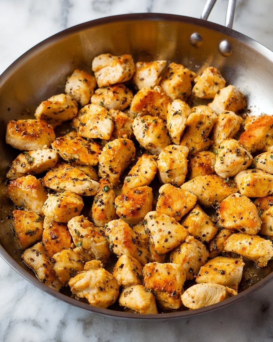 A close-up view of a stainless steel pan filled with many small pieces of cooked golden-brown chicken. Each piece has a slightly crispy texture with visible black pepper and herbs on the surface. The pan has a shiny, smooth metal finish and is placed on a white marbled surface. The chicken pieces are spaced closely together, showing variation in size and shape. Photo taken with an iphone --ar 4:5 --v 7
