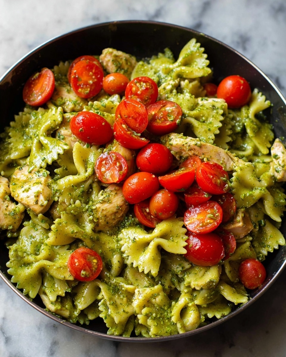 The dish shows a close-up of a round pan filled with farfalle pasta coated in green pesto sauce. Mixed in are small pieces of light brown cooked chicken. On top, there is a pile of halved bright red cherry tomatoes, some cut side up showing seeds and inside texture, while others are whole. The pasta has a textured, slightly shiny look from the sauce, and the contrast between the green pasta and red tomatoes is clear. The pan is on a white marbled surface. photo taken with an iphone --ar 4:5 --v 7