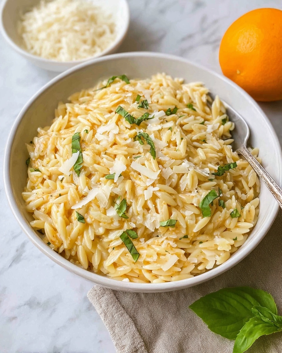 A white bowl filled with creamy yellowish orzo pasta mixed with small green basil leaves and topped with white shaved cheese flakes. The orzo has a soft texture and looks well coated in sauce. To the left of the bowl is a smaller white bowl with more white shaved cheese, while to the right is a bright orange fruit with a green leaf on a beige cloth. The background is a white marbled surface. Photo taken with an iphone --ar 4:5 --v 7