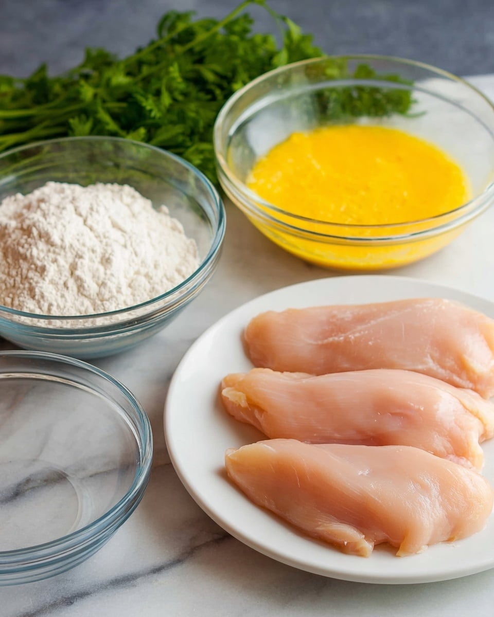 The image shows a white plate with four raw chicken fillets, light pink in color, smooth texture, and layered slightly on each other, positioned on a white marbled surface. Next to the plate are two clear glass bowls, one filled with a frothy, yellow beaten egg mixture and the other with white flour, both bowls showing a soft transparent shine. In the background, there is a bunch of fresh green parsley adding a pop of color. The whole scene is well lit with a natural soft light. photo taken with an iphone --ar 4:5 --v 7