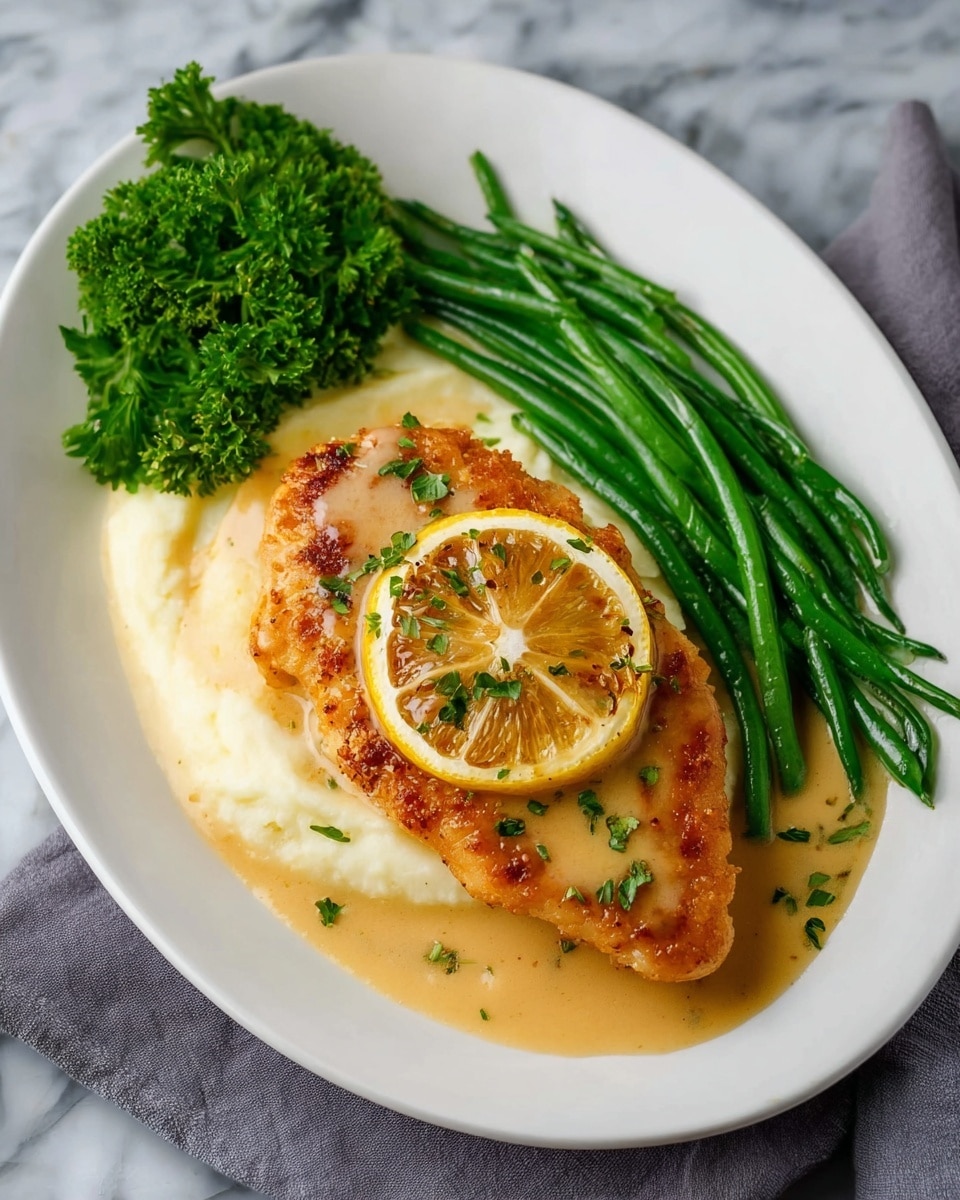 A white plate holds a three-layer meal on a white marbled surface. The bottom layer is smooth, creamy mashed potatoes spread in an oval shape. On top sits a golden-brown fried chicken fillet covered with light tan gravy. A charred lemon slice rests in the center of the chicken, sprinkled with small bits of green parsley. To the right of the chicken is a neat pile of shiny, bright green steamed green beans arranged lengthwise. A small bunch of fresh curly parsley adds a touch of dark green color at the plate's edge. Photo taken with an iphone --ar 4:5 --v 7