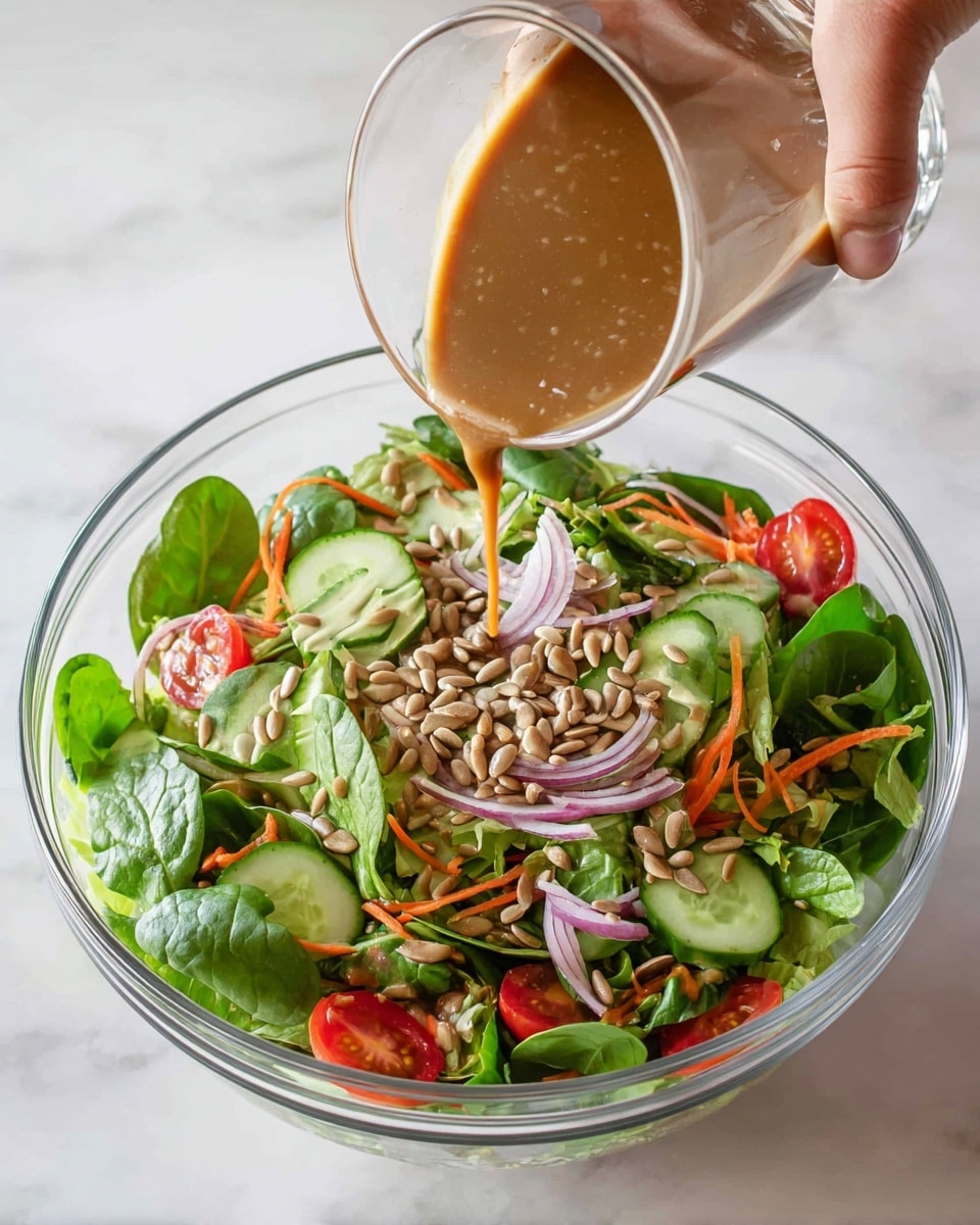 A clear glass bowl holds a fresh green salad layered with large dark green spinach leaves and lighter green lettuce, mixed with slices of cucumber, halved red cherry tomatoes, thin strips of orange carrots, and thin purple onion rings. Light brown sunflower seeds are sprinkled evenly on top, and a thick brown dressing is being poured from a glass jug into the center. The bowl sits on a white marbled surface. Woman's hand holds the jug. photo taken with an iphone --ar 4:5 --v 7