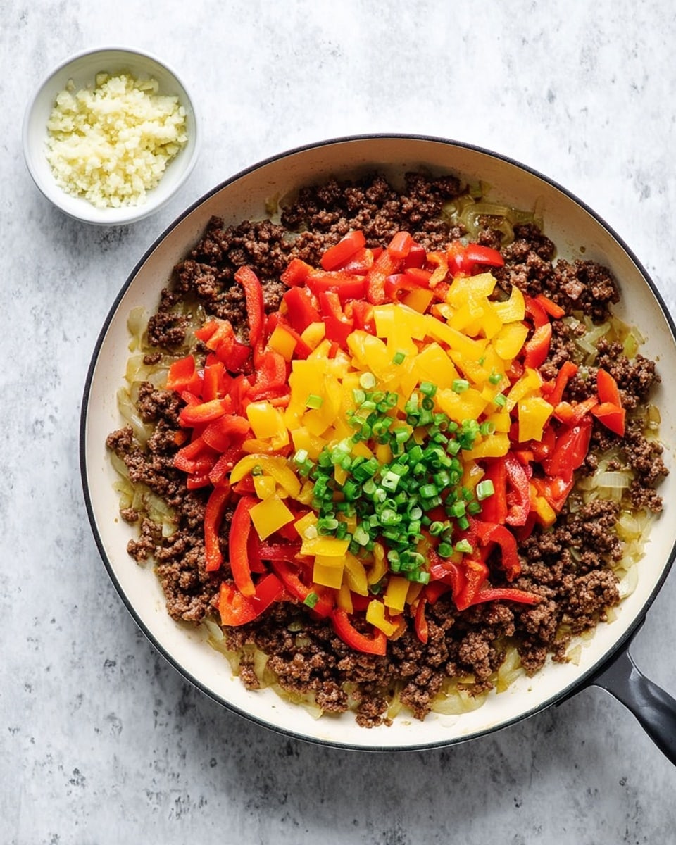 A white pan holds a cooked layer of browned ground beef mixed with lightly cooked onions, topped by fresh chopped yellow bell peppers and red bell peppers at the center. To the top left of the pan on a white marbled surface, there is a small white bowl filled with finely chopped garlic. The overall background is a white marbled texture. photo taken with an iphone --ar 4:5 --v 7