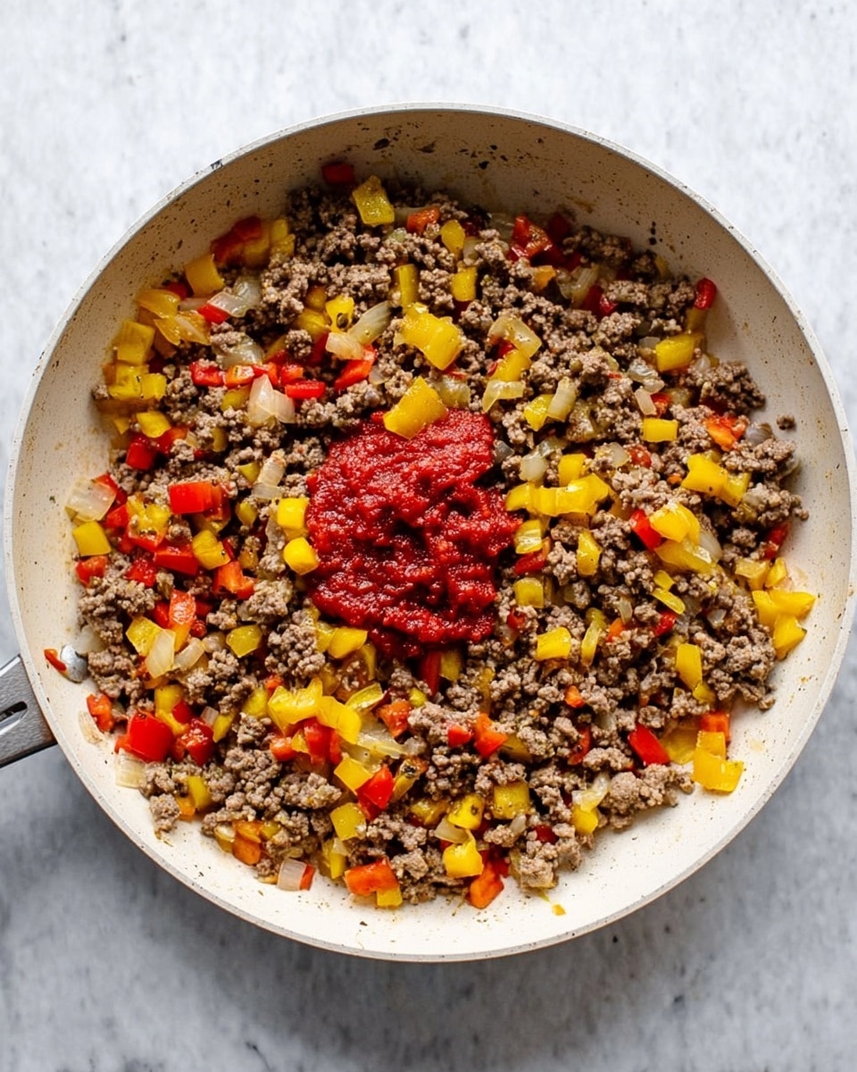 A white skillet holds a mix of cooked ground meat with small, brownish chunks spread evenly, mixed with diced yellow and red bell peppers creating bright yellow and red pops of color, and small pieces of translucent light yellow onions scattered throughout. In the center of the skillet, there is a small mound of thick, deep red tomato paste. The skillet rests on a white marbled surface. Photo taken with an iphone --ar 4:5 --v 7