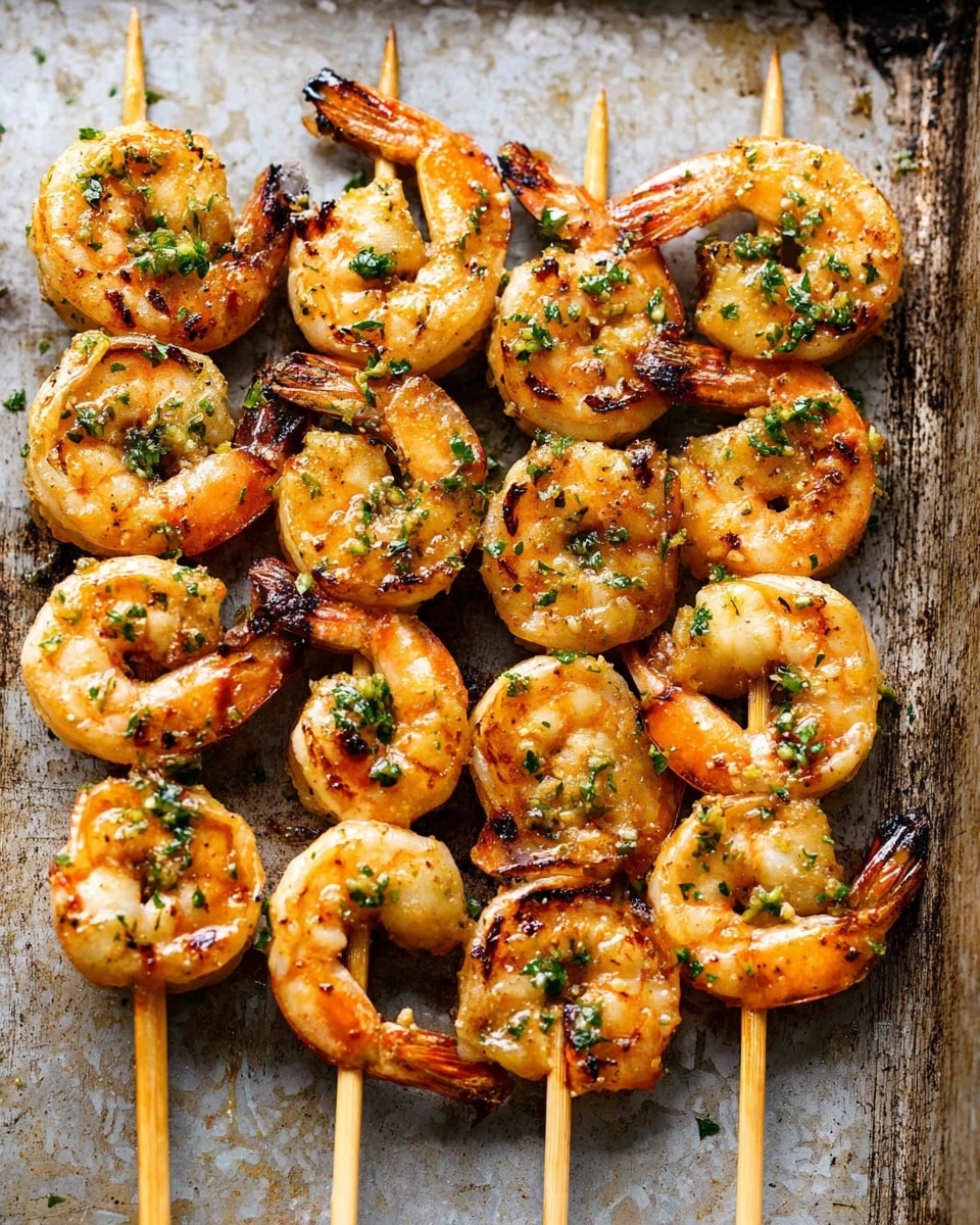 There are five wooden skewers laid side by side on a metal tray with a rustic look. Each skewer holds several shrimp that are cooked to a light golden brown color with slight char marks. The shrimp appear juicy and shiny, topped with small green parsley flakes and tiny bits of lemon zest, adding texture and color contrast. The tails of the shrimp are still on, giving texture variation with a deeper orange tone. The white marbled texture underneath gives a clean and fresh background to the shrimp skewers. photo taken with an iphone --ar 4:5 --v 7