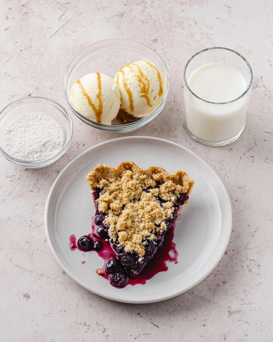 A triangular slice of berry crumble pie sits on a white plate, showing a deep purple berry filling topped with a crumbly golden crust, with some berry juice slightly spilling onto the plate. Nearby, there is a small glass bowl with two scoops of vanilla ice cream drizzled with caramel sauce, another small glass bowl filled with white powder, and a tall glass partially filled with milk. All items rest on a white marbled surface, lit softly with natural light. photo taken with an iphone --ar 4:5 --v 7