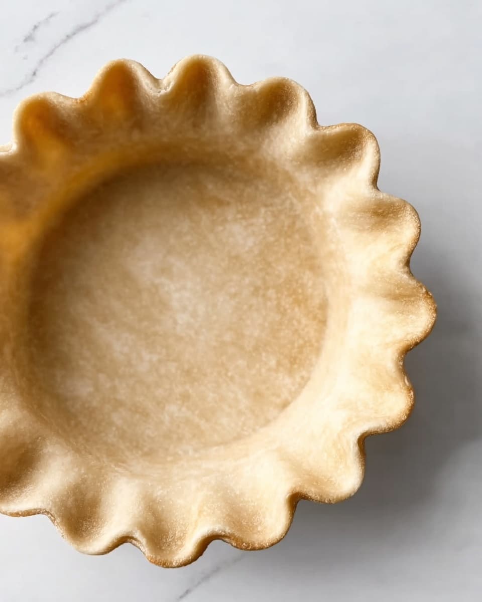 A close-up top view of an empty pie crust shell with a golden beige color and a smooth texture inside, showing delicate ruffled edges around the rim, resting on a white marbled surface photo taken with an iphone --ar 4:5 --v 7