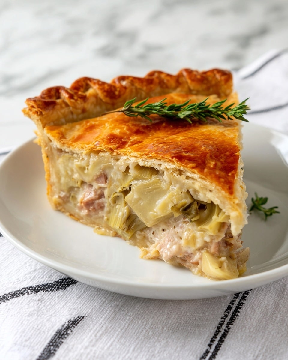 A slice of savory pie with three layers is shown on a white plate. The bottom layer is a soft, creamy mixture with chunks of light pink meat and greenish artichoke hearts mixed together. The middle layer is a flaky golden brown crust with a slight shine. The top layer is a thicker, darker golden crust with a glossy finish, crimped edges, and a small green herb sprig resting on it for decoration. The plate sits on a white towel with black stripes, and the background is a white marbled texture. photo taken with an iphone --ar 4:5 --v 7