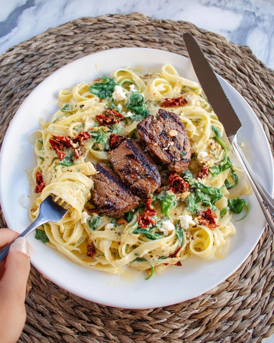 Two pieces of grilled brown steak lay on top of a bed of creamy yellow pasta mixed with green spinach and red sun-dried tomatoes on a white plate. The pasta has a smooth texture, and some crumbled white and blue cheese bits with a crumbly texture are sprinkled on top. A fork cuts into one steak piece at the bottom left, showing a pink inside, while a knife rests near the top right of the plate. The plate sits on a textured light brown woven mat with a white marbled surface underneath. In the blurred background, there is a white plate with white cheese and some red tomatoes with green stems on a gray cloth. Photo taken with an iphone --ar 4:5 --v 7
