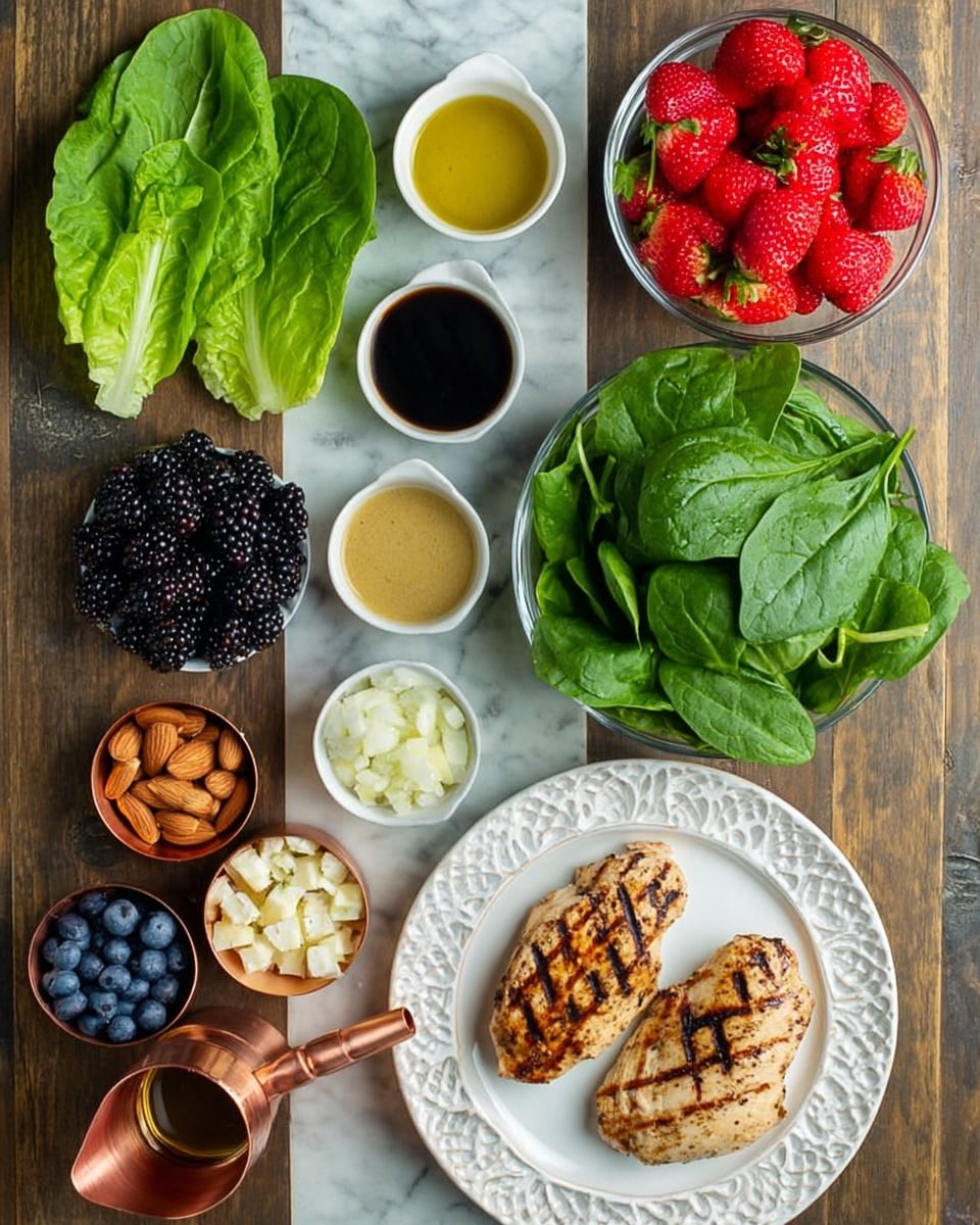 The image shows a top-down view of fresh and cooked food items arranged neatly on a white marbled surface. On the right side, there are two grilled chicken pieces with brown grill marks placed on a white decorative plate, a clear bowl filled with bright green spinach leaves, and a bunch of large leafy green lettuce. On the left side, there are small white bowls and measuring cups holding different ingredients: a bowl of light mustard sauce, a bowl of dark balsamic vinegar, a bowl of yellow olive oil, a bowl of black blackberries, a bowl of blue blueberries, a glass bowl filled with bright red strawberries, a copper measuring cup filled with brown almonds, and another copper measuring cup with white chopped onions. A woman's hand is partly visible near the bottom left holding a cup. photo taken with an iphone --ar 4:5 --v 7