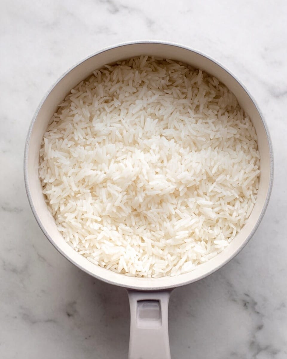 A white pot filled with cooked white rice, showing many individual grains with a slightly fluffy texture. The pot has a light grey handle extending downward and is placed on a white marbled surface. The image is taken from above, focusing closely on the even, smooth layer of rice inside the pot with soft natural light enhancing the rice's whiteness. Photo taken with an iphone --ar 4:5 --v 7