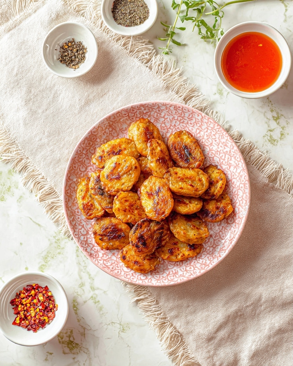 A pink patterned white plate is filled with two layers of small, oval-shaped, golden brown fried snacks, showing a crispy texture and some darker grilled spots. Above the plate, a light beige cloth with fringed edges is softly folded on a white marbled surface. Around the cloth, there are three small white bowls: the top left one holds ground black pepper, the top right one contains a smooth bright red sauce, and the bottom right bowl holds red chili flakes. Some green herbs are scattered subtly on the white marble background. photo taken with an iphone --ar 4:5 --v 7